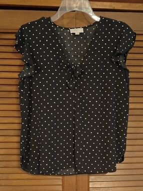 LOFT Black and White Polka Dot Tie-Front Flutter Sleeve Blouse